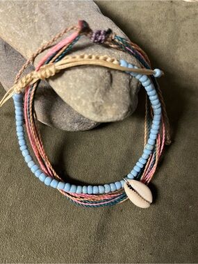 Handmade Shell & Bead Multi-Strand Ankle Bracelet in Light Blue and Pastel